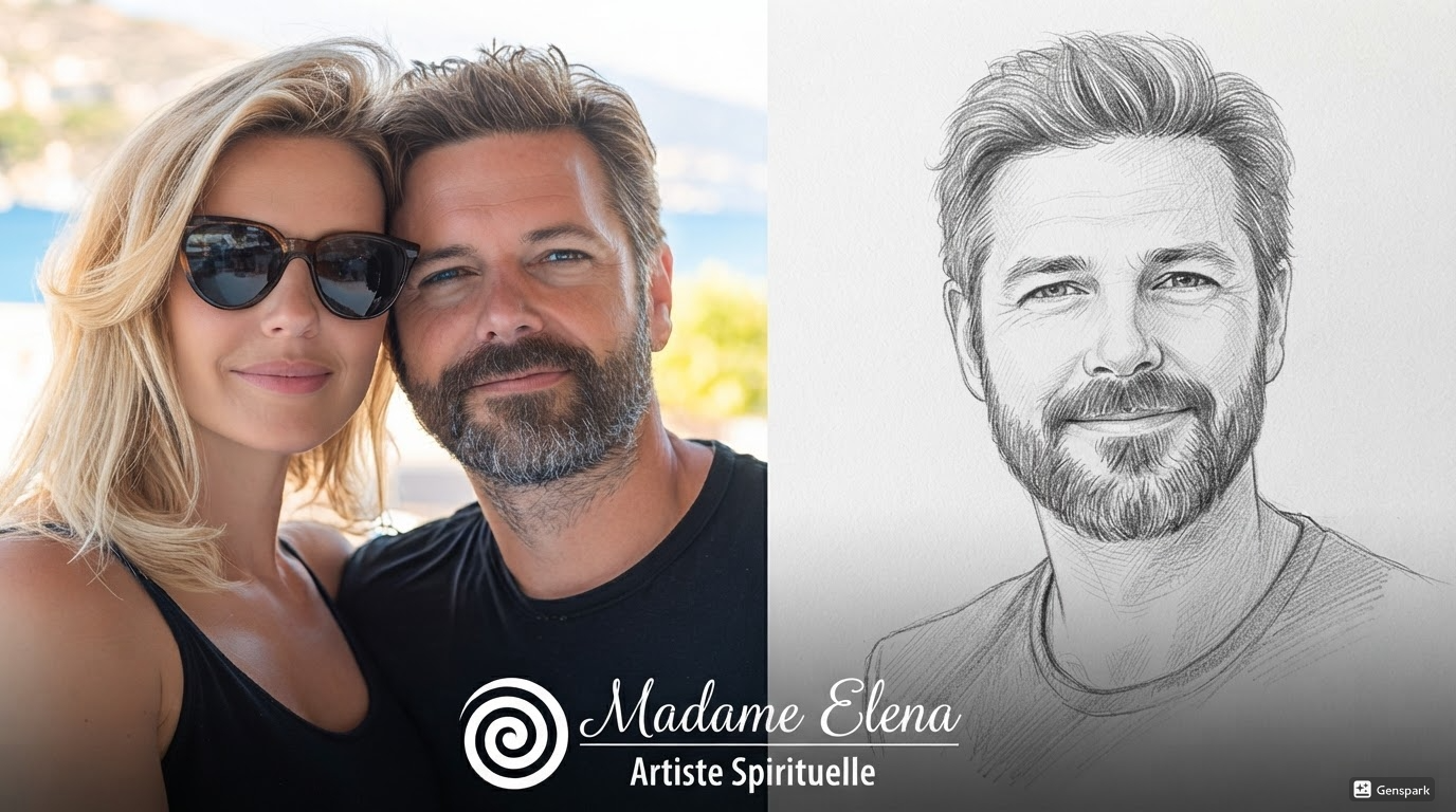 Photo d'un couple et dessin au crayon de l'âme sœur